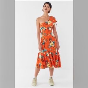 UO Carmen Linen One Shoulder Ruffle Midi Dress